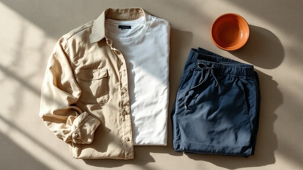 Armario cápsula verano hombre 2026 con camisas de lino, shorts y zapatillas en tonos neutros