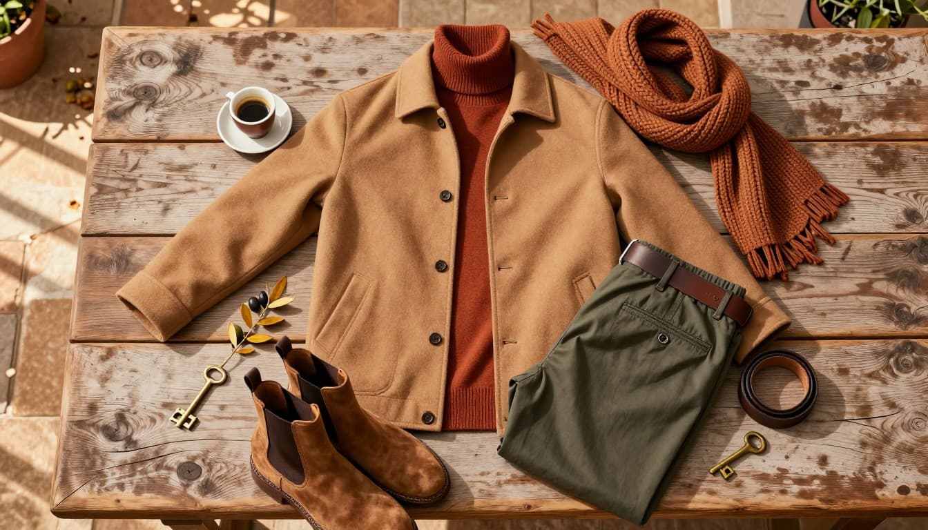 Hombre con guía de outfits otoño hombre, fotografía editorial masculina