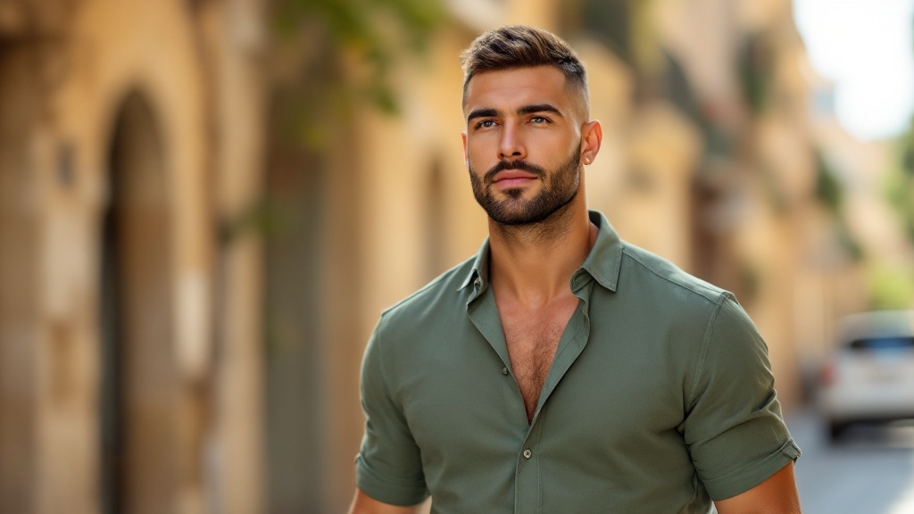 Hombre con fade texturizado, cara cuadrada, fotografía editorial masculina en barbería